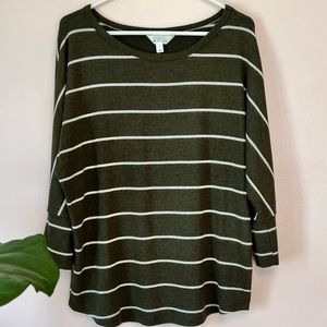 Market & Spruce Elbow Sleeve Olive Green Striped Brushed Knit Top